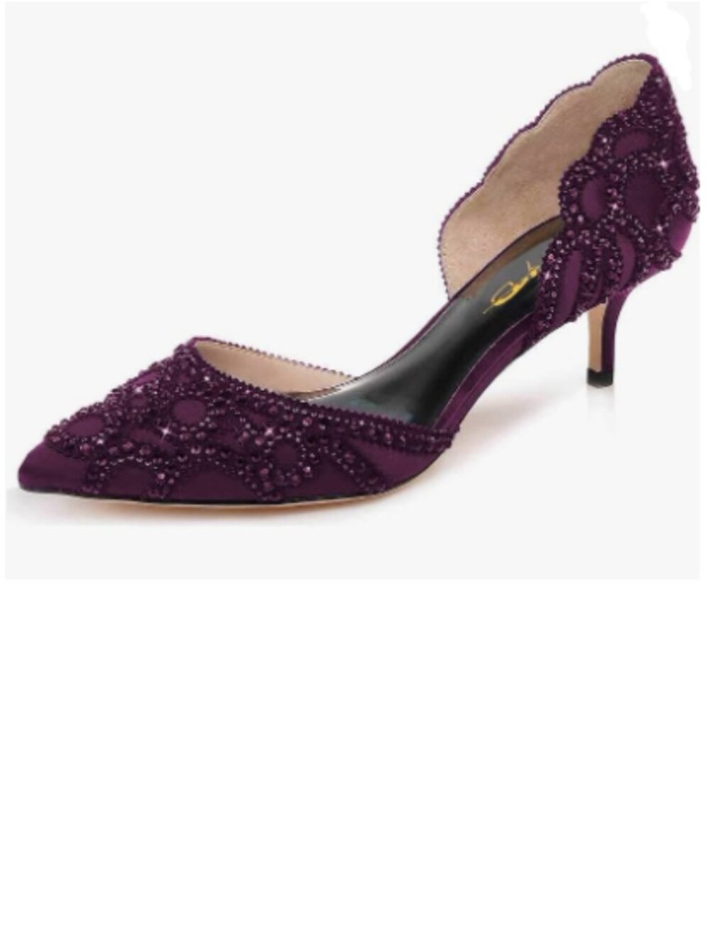 XYD Dark Purple Pumps Pointed Toe D'Orsay Kitten Heel Rhinestone Slip-On Shoes